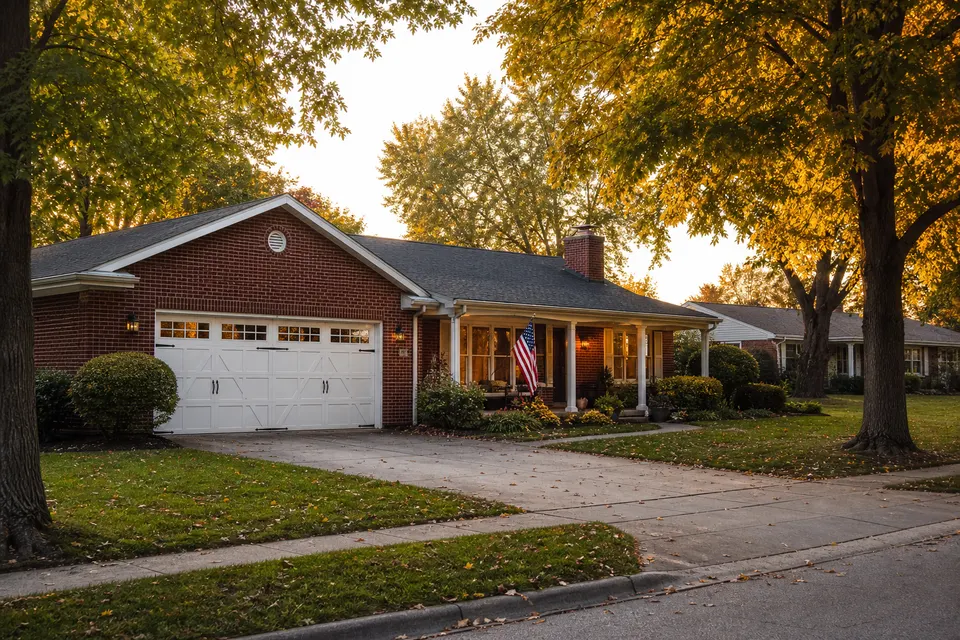 Brick ranch home in Kokomo, Indiana with a white carriage-style garage door at golden hour