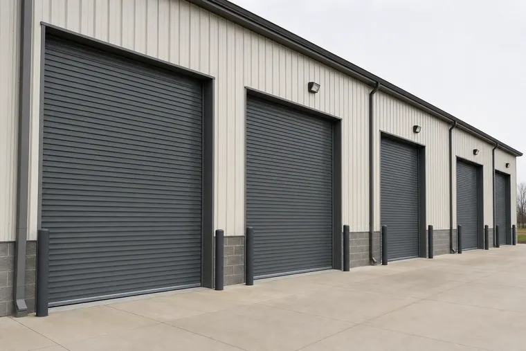 Row of steel roll-up commercial overhead doors on a light-industrial building