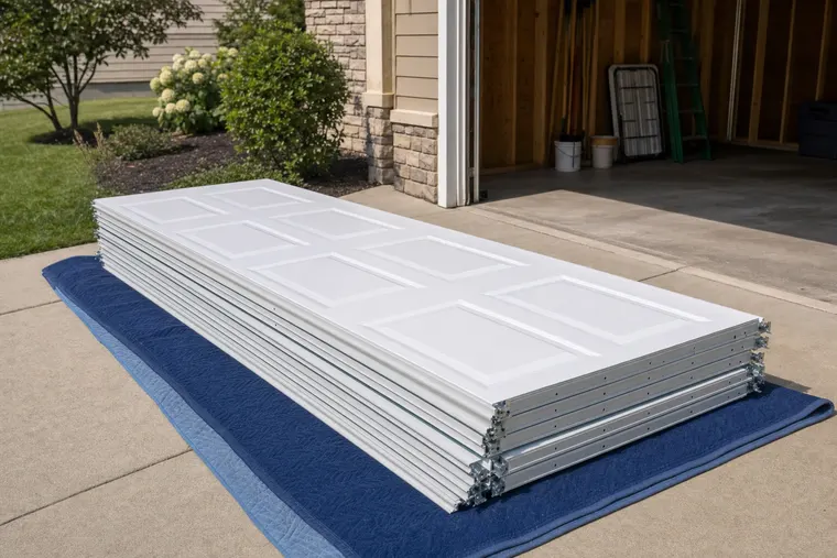 New white garage door sections stacked on padded blankets in a driveway before installation