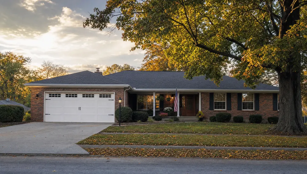 Long brick ranch home with a white double garage door at sunset in Howard County, Indiana